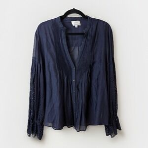 Johnny Was Jade Peasant Navy Blue Blouse Eyelet Detail Silk Cotton Blend Size L
